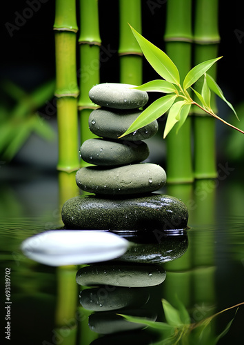 stones in the water next to other bamboo stalks on green wallpapers 