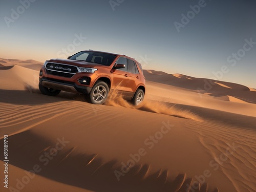 an SUV speeding through the sandy desert