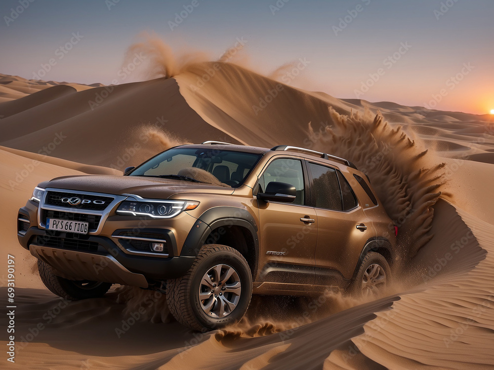 Obraz premium an SUV speeding through the sandy desert