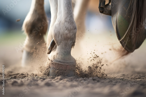 Shot of close view of mule hooves in soft dirt, fine dust hovering over