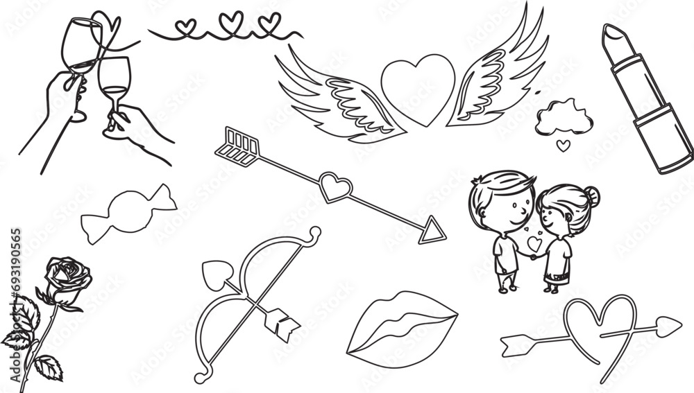 VECTOR Doodle valentine's day elements collection. Lineart black and white