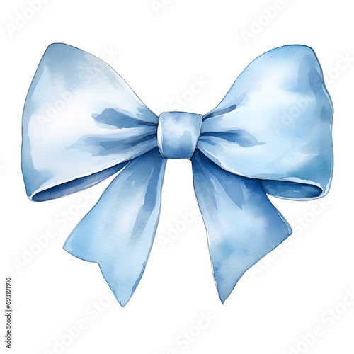 blue pastel bow with ribbon watercolor illustration isolated on white background
