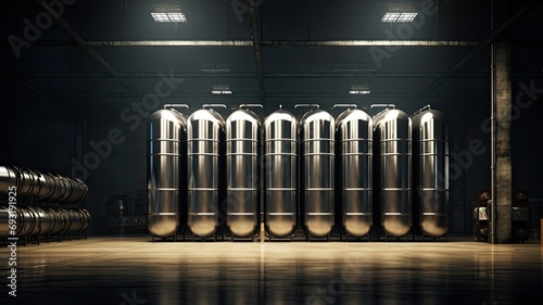 cylinders and helium containers at a metal processing plant, highlighting the sleek and functional elements of the industrial environment.