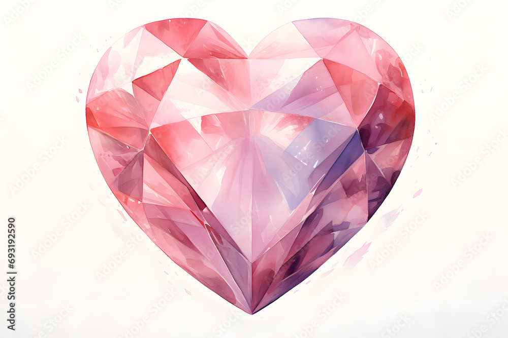 Heart shaped Diamond gem watercolor illustration isolated on white background