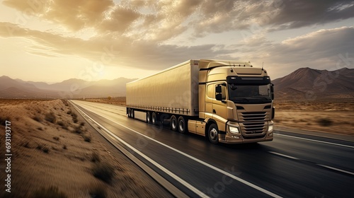 a long vehicle trailer truck on a highway, enhanced by a motion blur effect, conveys the speed and movement of the truck, providing a realistic depiction of the bustling activity on the road. photo