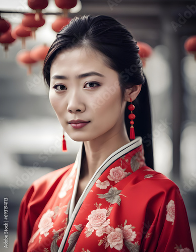 Young Beautiful Asian Woman in an Elegant Red Dress AI Art