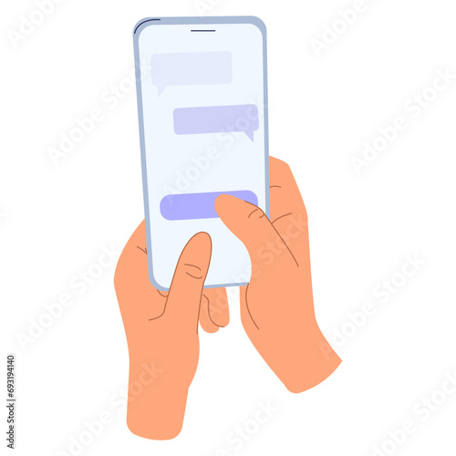 Mobile phone in hand . Press the button on the phone. Correspondence, chatting, discussion. Fingers touching, tapping, scrolling screens, using app. Podcast, watching online, tv app. gadget .