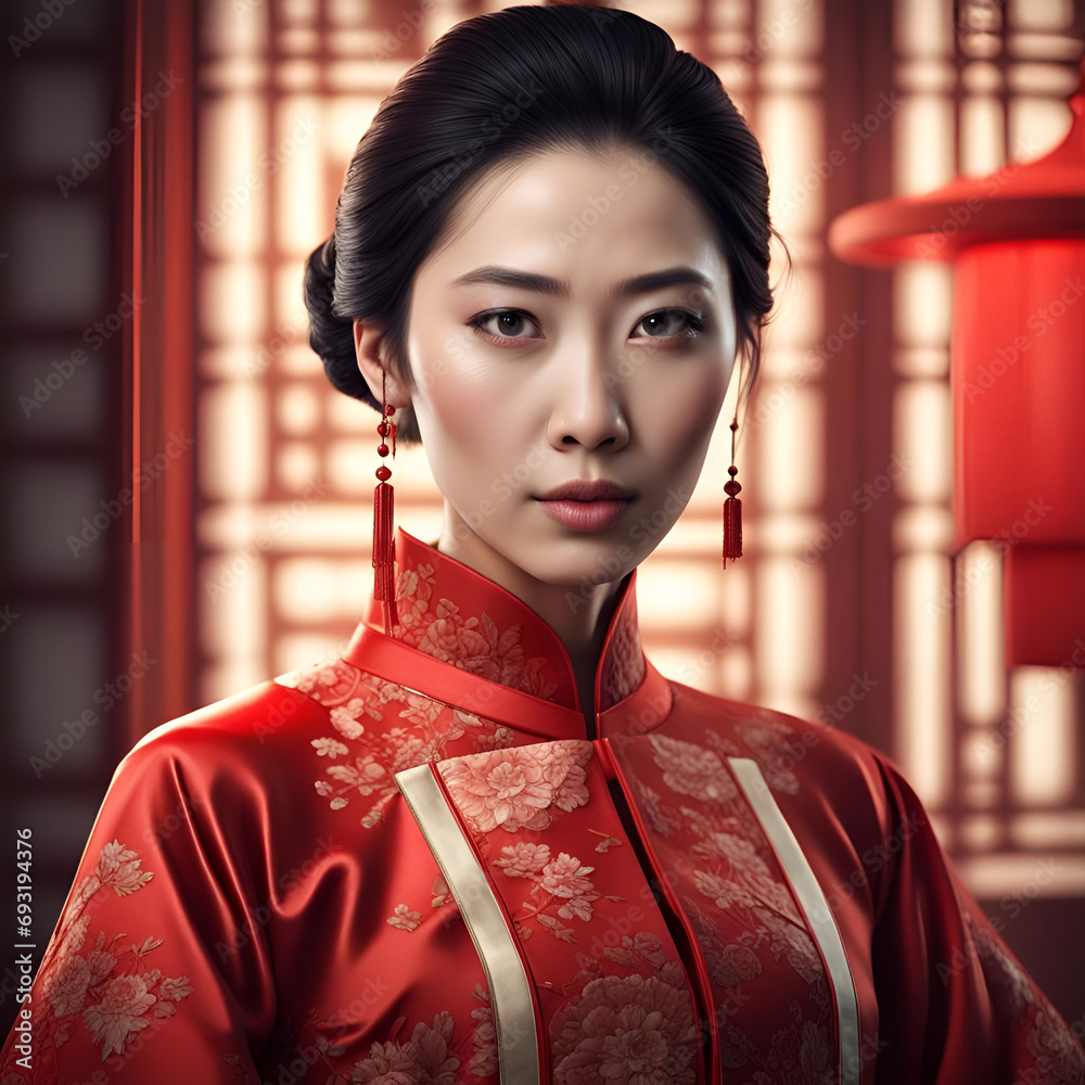 Young Beautiful Asian Woman in an Elegant Red Dress AI Art
