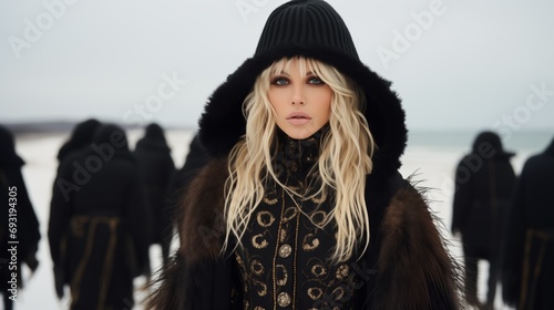 A woman with long blonde hair and a black coat standing in the snow, surrounded by a serene winter landscape.