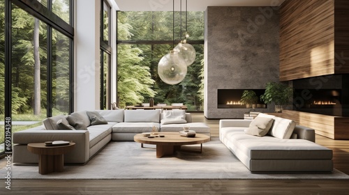 A stylish living room with a focus on sustainability  featuring eco-friendly materials  energy-efficient lighting  and large windows that optimize natural light 