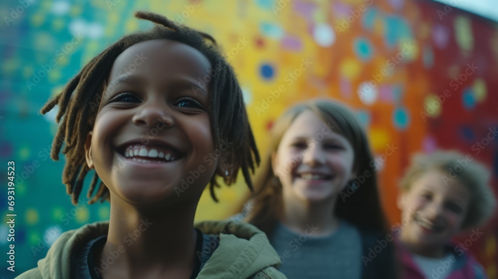 Happy multiracial children posing in front of a wall with graffiti