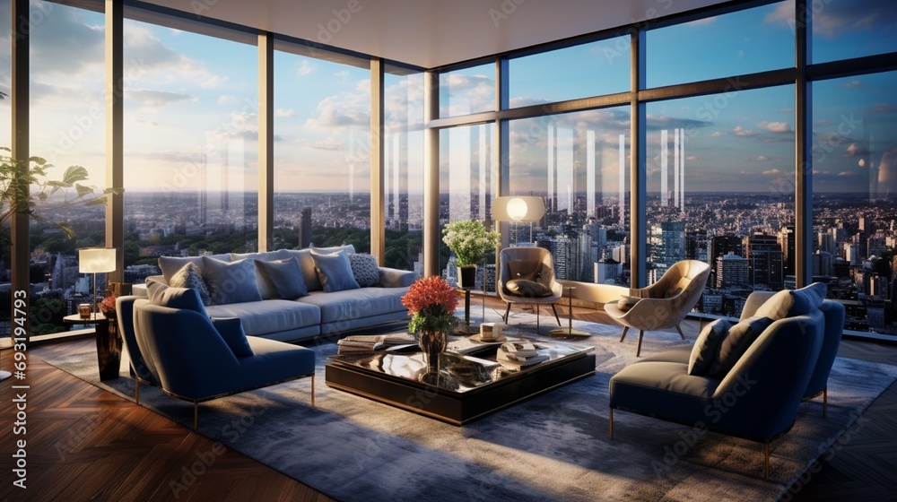 A top-floor room in a prestigious building, designed with a mix of timeless elegance and modern elements, offering a captivating view of the cityscape through a wall of glass windows - obrazy, fototapety, plakaty 