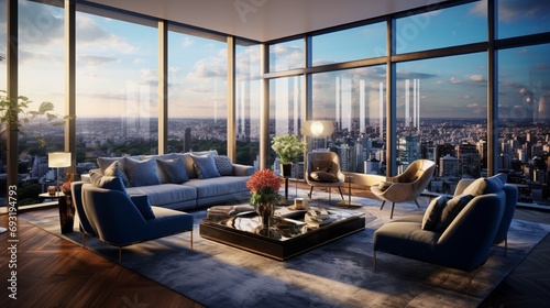 A top-floor room in a prestigious building, designed with a mix of timeless elegance and modern elements, offering a captivating view of the cityscape through a wall of glass windows