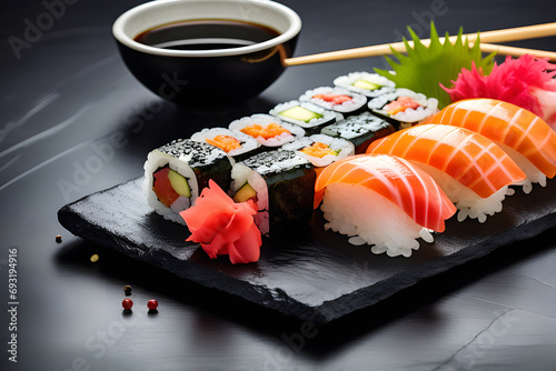 sushi and maki with soy sauce over black background - side view