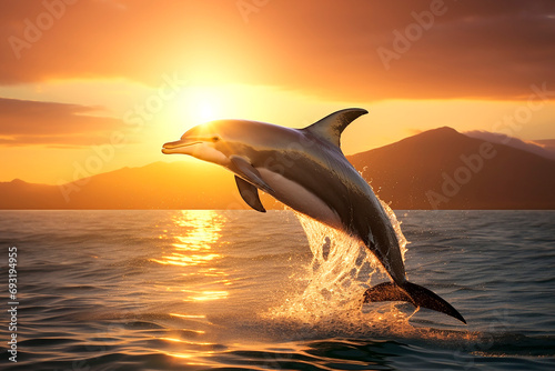 Dolphin jumping out of the ocean at sunset background photo