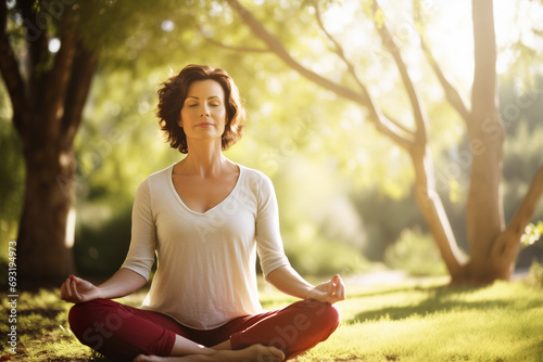 Middle aged woman meditating outside with eyes closed relaxing her mind. Mental health and meditation for no stress concept. Self care and well being with room for text or copy space.