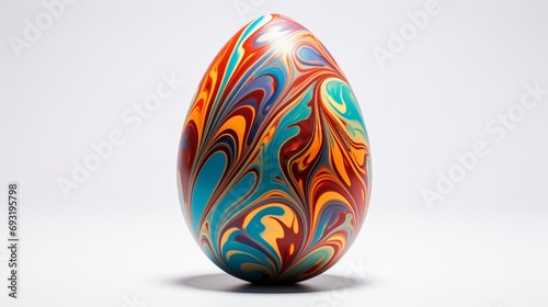 A milk chocolate Easter egg, delicately hand-painted with vibrant, edible colors, creating a mesmerizing abstract design, set against a stark white background