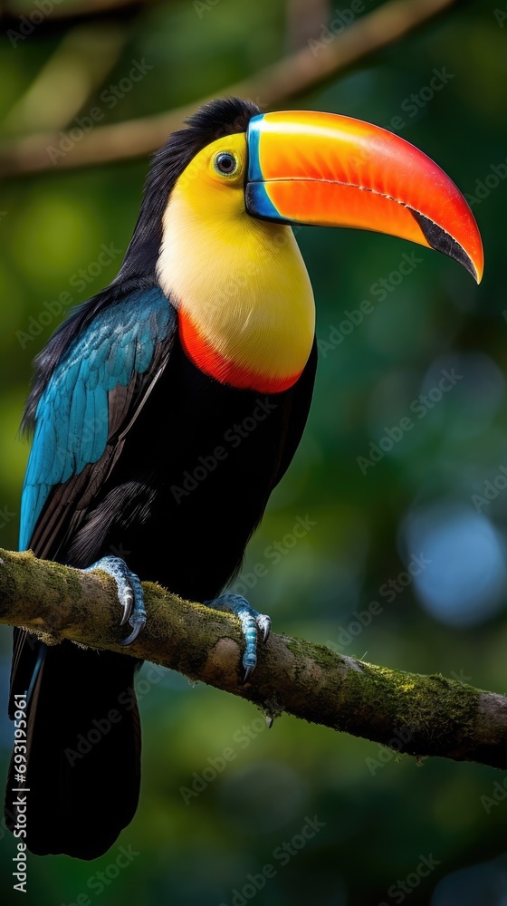 A stunning close-up of a brilliantly colored toucan perched on a tree branch A stunning close-up of a brilliantly colored toucan perched on a tree branch