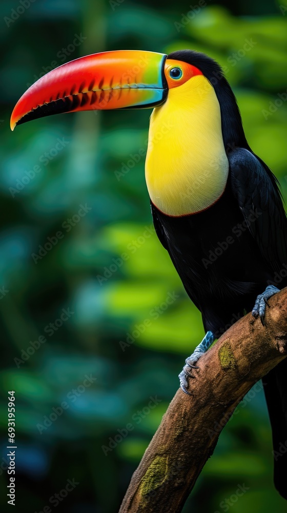 A stunning close-up of a brilliantly colored toucan perched on a tree branch A stunning close-up of a brilliantly colored toucan perched on a tree branch