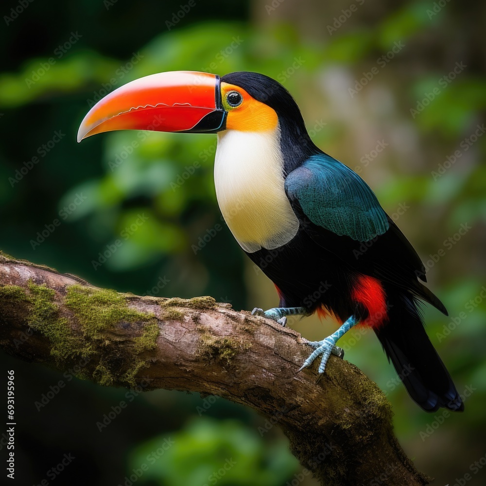 Fototapeta premium A stunning close-up of a brilliantly colored toucan perched on a tree branch
