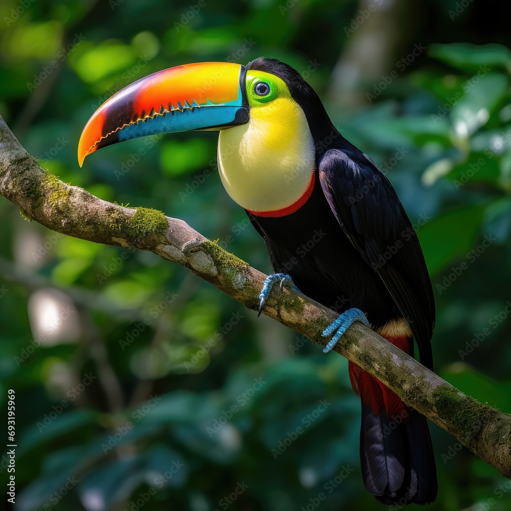 Obraz premium A stunning close-up of a brilliantly colored toucan perched on a tree branch