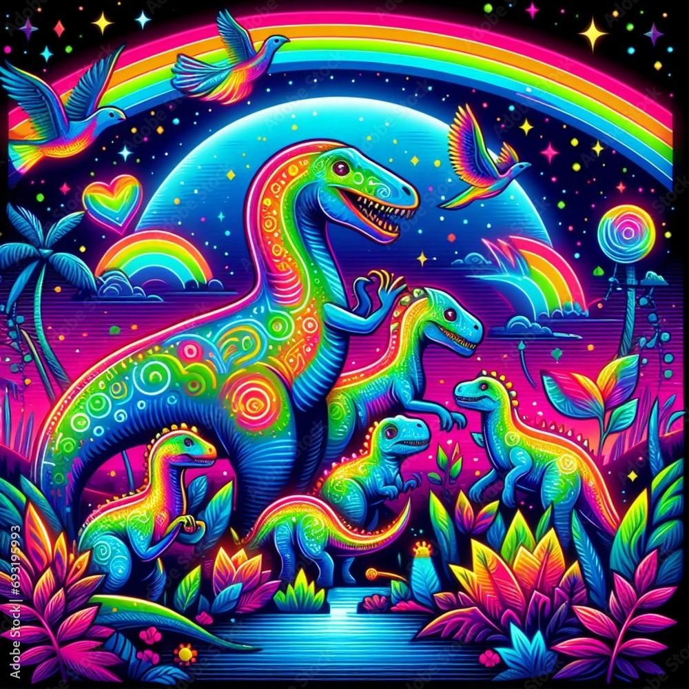 Neon colored print with Dinosaur Family, created by AI