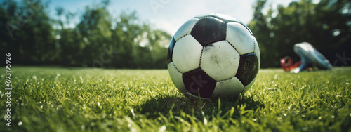 a soccer ball on the grass in front of a goal © ArtCookStudio