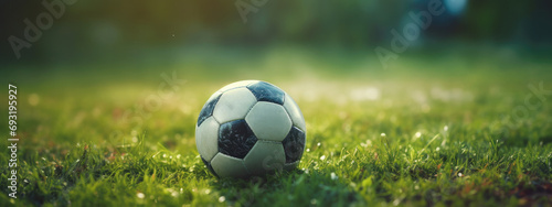a soccer ball on the grass in front of a goal