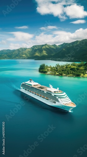 A stunning aerial shot of a massive cruise ship gliding through crystal-clear turquoise waters