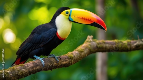 A stunning close-up of a brilliantly colored toucan perched on a tree branch © ArtCookStudio