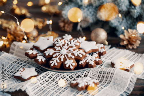 Christmas cookies in the shape of snowflakes and stars on a plate on the Christmas table photo