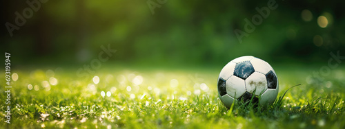 a soccer ball on the grass in front of a goal