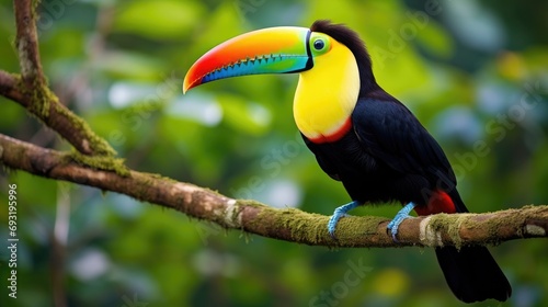 A stunningly beautiful toucan perches on a branch