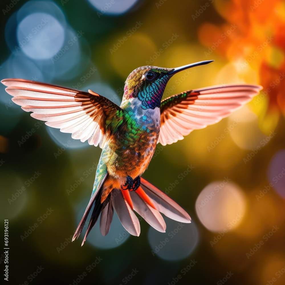 Obraz premium A vibrant hummingbird hovering in mid-air, its iridescent feathers glinting in the sunlight
