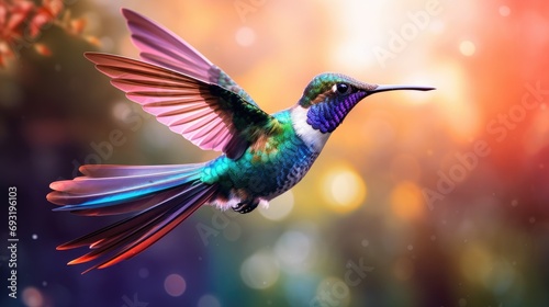 A vibrant hummingbird hovering in mid-air, its iridescent feathers glinting in the sunlight © ArtCookStudio