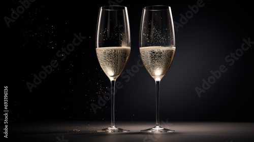  two glasses of champagne on a table with confetti sprinkled on the glass and on the table is a black background with gold flecks and dots.