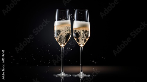  two glasses of champagne with bubbles on a black background with a splash of water on the bottom of the glasses and on the bottom of the glasses is a black background.