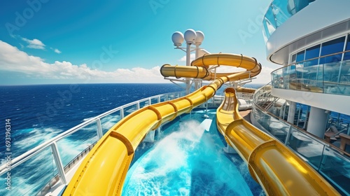 An action-packed of passengers enjoying a thrilling water slide on the top deck of a cruise ship