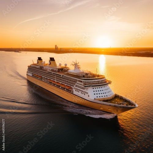 An evocative shot of a cruise ship departing from port at sunset