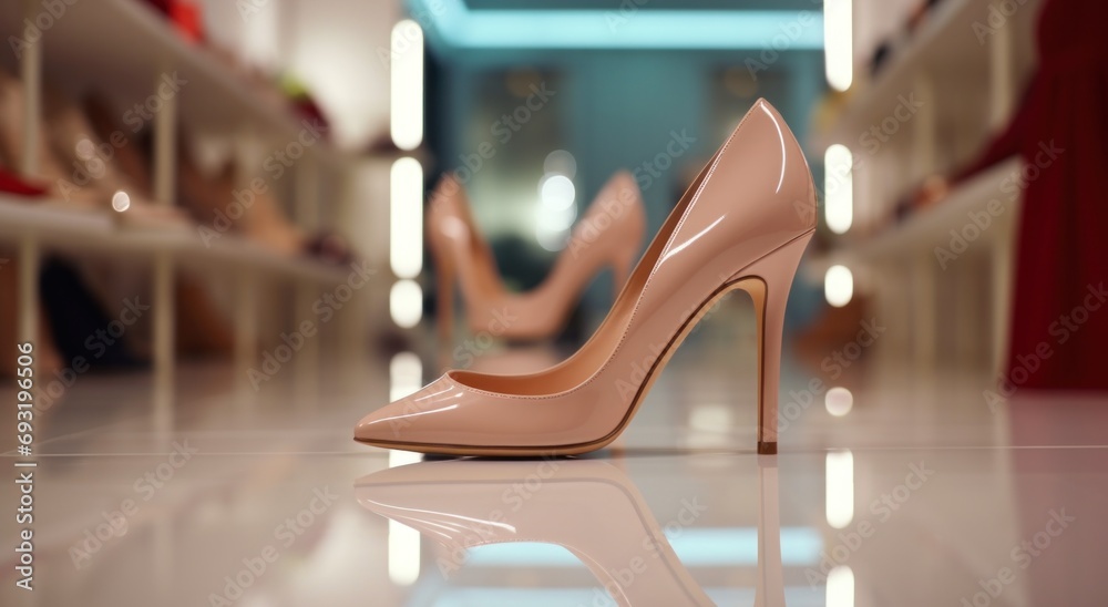 an individual high heel shoe standing in a fashion store - obrazy, fototapety, plakaty 