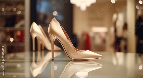an individual high heel shoe standing in a fashion store photo