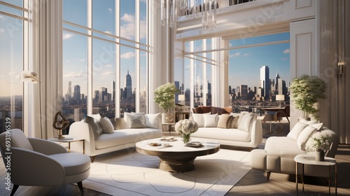The interior of a luxurious top-floor suite in a prestigious building, with a tasteful blend of classic and contemporary elements, and a windowed wall that unveils a breathtaking cityscape