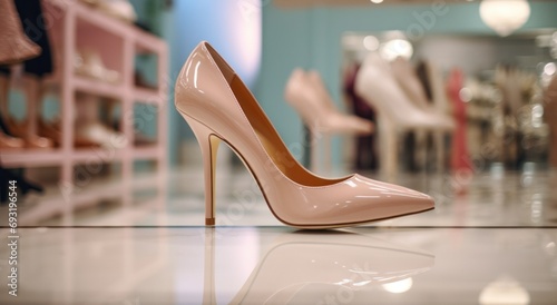 an individual high heel shoe standing in a fashion store