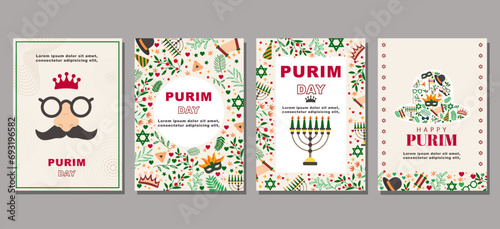 Elegant purim day Set of greeting cards, posters, holiday covers. vector illustration