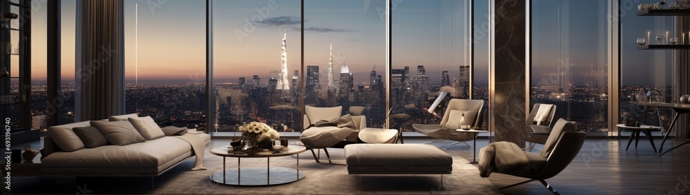 The interior of a penthouse on the top floor of a luxury skyscraper ...