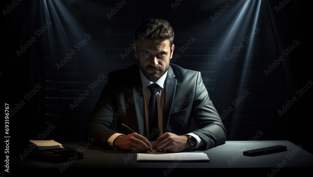 business man dressed in shirt and tie sitting at desk with laptop and pen business man dressed in shirt and tie sitting at desk with laptop and pen