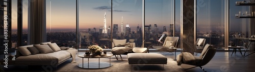 The interior of a penthouse on the top floor of a luxury skyscraper, with floor-to-ceiling windows offering a stunning view of the city, and opulent modern furnishings that exude elegance