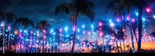 colorful lights in grass with palms next to blue sky, photo