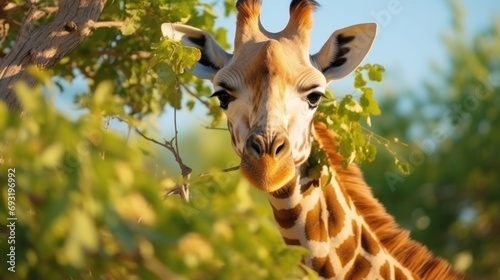 cute giraffe eats leaves from tree on Africa © ArtCookStudio