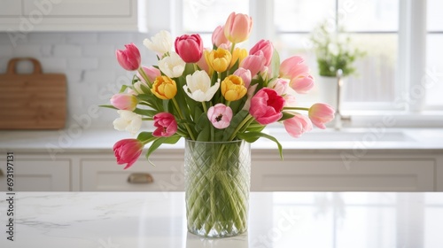  a vase filled with lots of colorful tulips on top of a white counter top next to a counter top with a bag on the side of the counter.